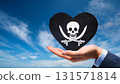 Pirate flag heart and blue sky held in hand 131571814