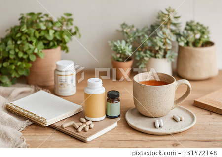 Omega-3 Capsules with Notebook and Cup of Tea 131572148
