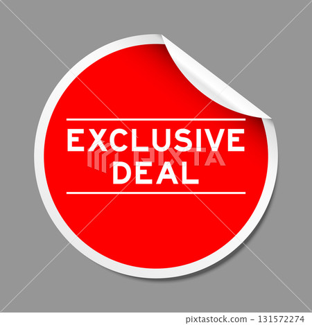 Red color peel sticker label with word exclusive deal on gray background 131572274