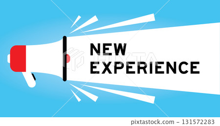 Color megaphone icon with word new experience in white banner on blue background Color megaphone icon with word new experience in white banner on blue background 131572283