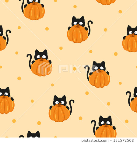 Halloween pattern with funny black cats and pumpkins 131572508