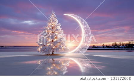 Illuminated Christmas tree and sparkling moon on a frozen lake with a pastel sky 131572608
