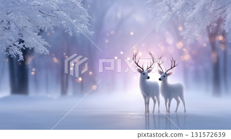 Two White Deer in a Magical Winter Forest with Sparkling Bokeh Lights and Frosted Trees Two White Deer in a Magical Winter Forest with Sparkling Bokeh Lights and Frosted Trees 131572639