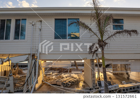 Destroyed house on ocean shore. Hurricane Milton consequences on Manasota Key, Florida. Storm surge severe damage Destroyed house on ocean shore. Hurricane Milton consequences on Manasota Key, Florida. Storm surge severe damage 131572661
