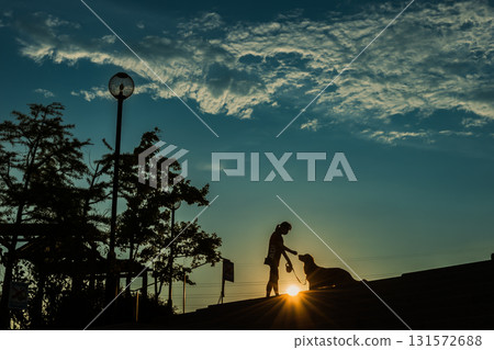 黃昏時分，我在山上和我的狗玩耍 131572688