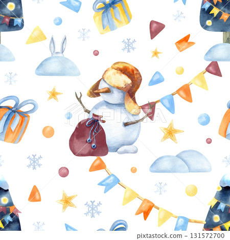 Christmas seamless pattern children illustration. Snowman, tree, garland, star, snow and snowdrift, gift box. Watercolor art isolated from background. New Year packaging, wrapping paper, decoration Christmas seamless pattern children illustration. Snowman, tree, garland, star, snow and snowdrift, gift box. Watercolor art isolated from background. New Year packaging, wrapping paper, decoration 131572700