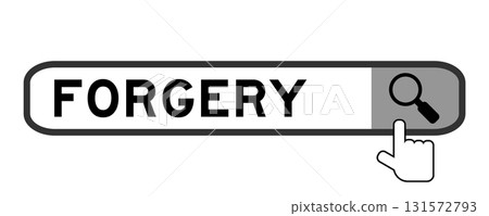 Search banner in word forgery with hand over magnifier icon on white background Search banner in word forgery with hand over magnifier icon on white background 131572793