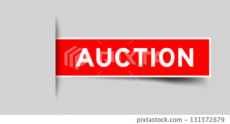 Red color square shape sticker label with word auction inserted in gray background 131572879