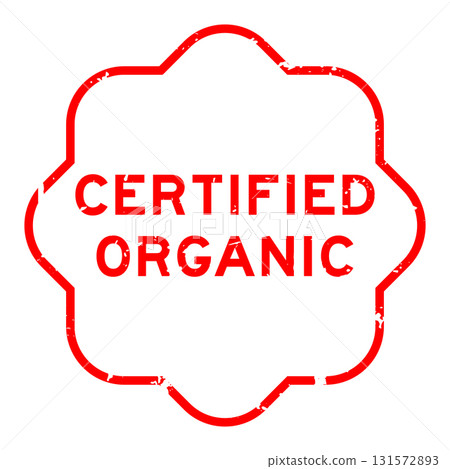 Grunge red certified organic word rubber seal stamp on white background 131572893