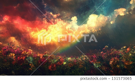 Rainbow Rain Over Flower Field. 131573065