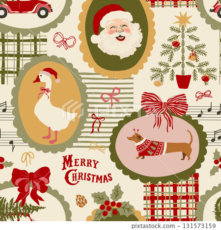 Retro Christmas collage seamless pattern. Cozy vector winter holiday mosaic wallpaper, New Year print Retro Christmas collage seamless pattern. Cozy vector winter holiday mosaic wallpaper, New Year print 131573159