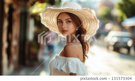 Summer Fashion Woman in Straw Hat. Summer Fashion Woman in Straw Hat. 131573304