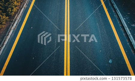 Asphalt Road Lines Overhead View. 131573578