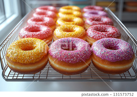 Delicious dessert. Variety of bright donuts on a display stand. Glazed donuts. Sweet topping food. 131573752