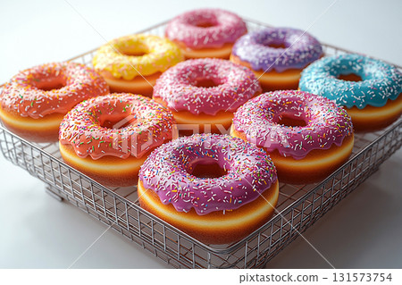 Food trading. Variety of bright donuts on a display stand. Glazed donuts. Sweet topping food. 131573754