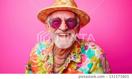 happy senior man in colorful shirt and hat happy senior man in colorful shirt and hat 131573803