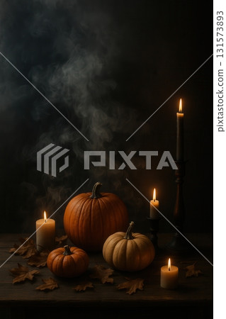 Moody autumn still life with pumpkins candles and smoke on dark background Moody autumn still life with pumpkins candles and smoke on dark background 131573893
