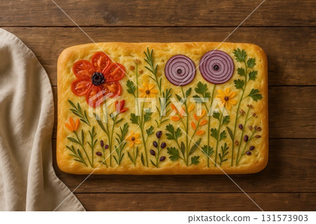 Botanical garden focaccia with vegetable flowers on rustic table 131573903