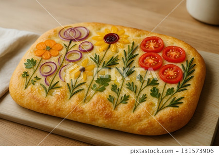 Horizontal macro of decorated focaccia with vegetable flowers 131573906