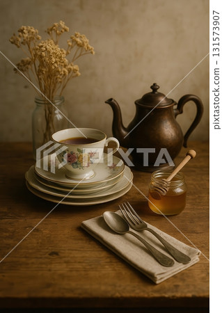 Tea-time still life with floral teacup and honey jar Tea-time still life with floral teacup and honey jar 131573907