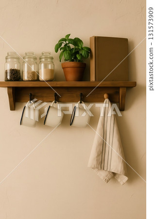 Kitchen shelf vignette with jars, basil and striped towel 131573909