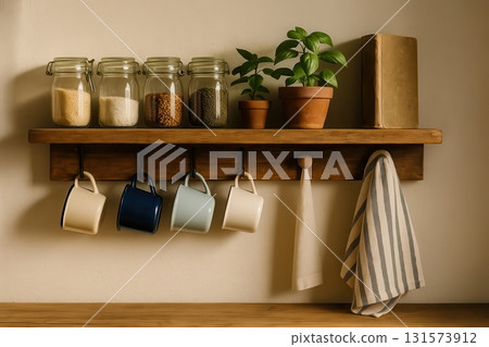 Organized kitchen shelf with jars, hanging mugs and basil 131573912