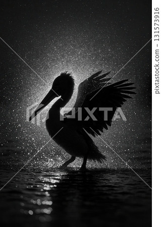 Pelican spreading wings in dramatic backlight and water spray Pelican spreading wings in dramatic backlight and water spray 131573916