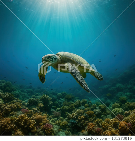 Sea turtle swimming over coral reef in clear tropical ocean 131573919
