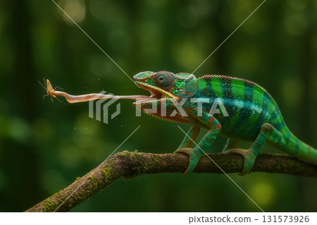 Colorful chameleon catching insect with tongue on forest branch Colorful chameleon catching insect with tongue on forest branch 131573926