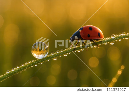 Ladybug on grass with dew drops at sunrise macro close-up 131573927