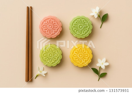 Colorful mooncakes flat lay with jasmine flowers and chopsticks on pastel background 131573931