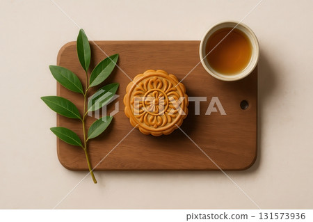 Single mooncake with leaves and tea on rustic wooden board 131573936