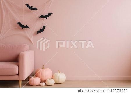 Pink Halloween Living Room with Pumpkins, Bats and Cobweb Wall Decor 131573951