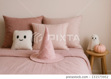 Pastel Halloween Bedroom with Witch Hat, Ghost Pillow and Pumpkin 131573952