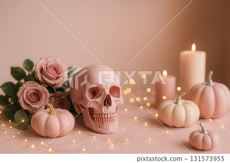 Pink Halloween Skull with Roses, Pumpkins and Candlelight Pink Halloween Skull with Roses, Pumpkins and Candlelight 131573955