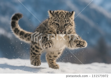 Playful Snow Leopard Cub Jumping in Winter Mountains 131573972