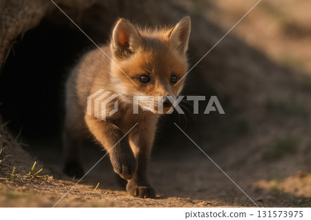 Curious Red Fox Cub Emerging from Den in Natural Habitat 131573975