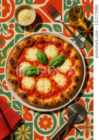 Neapolitan Margherita Pizza with Basil and Mozzarella Overhead 131573980