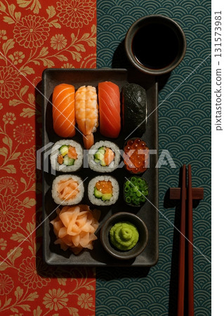Japanese Sushi Platter with Nigiri, Rolls and Wasabi Overhead Japanese Sushi Platter with Nigiri, Rolls and Wasabi Overhead 131573981