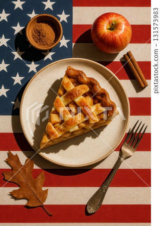 Slice of Classic Apple Pie with Cinnamon on American Flag Background 131573983