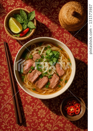 Vietnamese Pho Noodle Soup with Beef, Herbs and Chili Peppers 131573987