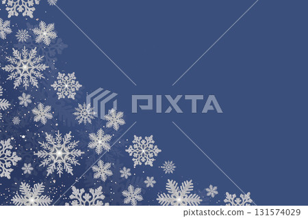 Christmas blue background of silver snowflakes flying in the air. Holiday card for New Year and Christmas with space for greetings, labels and your design. 131574029