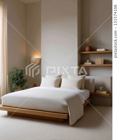 Serene and calm minimalist bedroom interior with wooden platform bed, white bedding, and soft natural light. neutral color palette creates tranquil and relaxing home space Serene and calm minimalist bedroom interior with wooden platform bed, white bedding, and soft natural light. neutral color palette creates tranquil and relaxing home space 131574106