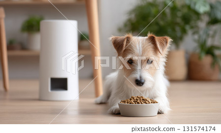 Cute dog patiently waiting for food from an automatic feeder. hungry pet looks at bowl of kibble, puppy showing obedience at home. Animal lifestyle with technology 131574174