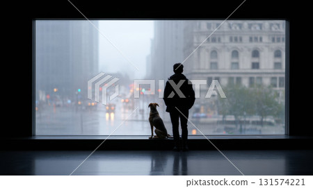Pensive silhouette of person and dog looking out large window at rainy city cityscape. contemplative moment of quiet companionship and solitude indoors 131574221