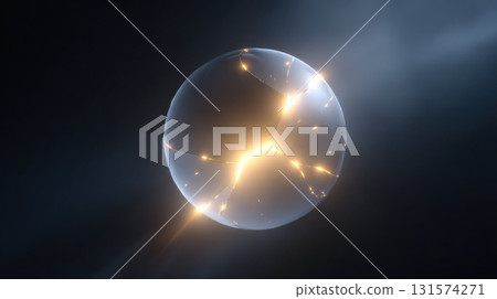 Mysterious abstract sphere with polished, cracking surface glows with powerful golden energy. magical orb floats in dark space, creating luminous and futuristic background 131574271
