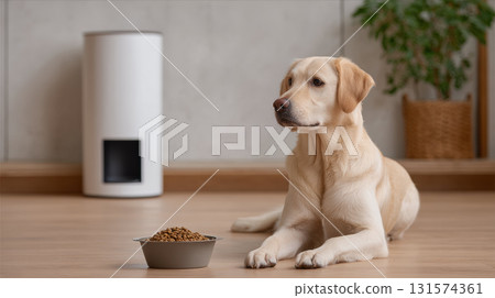 Patient yellow Labrador dog waiting for food from an automatic feeder. hungry young puppy sits calmly on floor by bowl of kibble, looking expectant at home 131574361