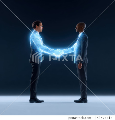 Two businessman figures finalizing business deal with digital handshake. professional partnership and agreement shows success with future technology concepts 131574418