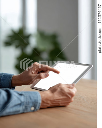 Focused person with hand touching tablet screen, using modern technology for smart home device control. blank mockup screen provides copy space for business ideas 131574467
