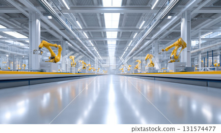 Futuristic smart factory assembly line with robotic arms showing advanced technology and automation. powerful view of future of industrial manufacturing and production 131574477